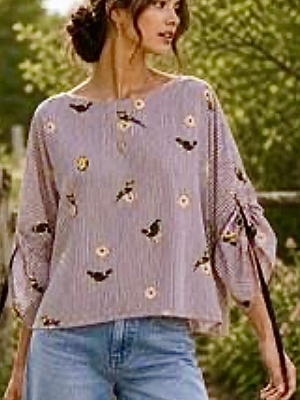 Nanette Lapore Maroon Striped‎ Crop Top with Birds